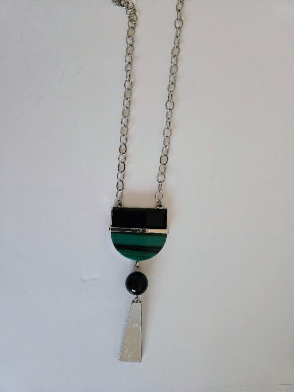 Chico's long necklace with chunky green, black and silver drop piece
